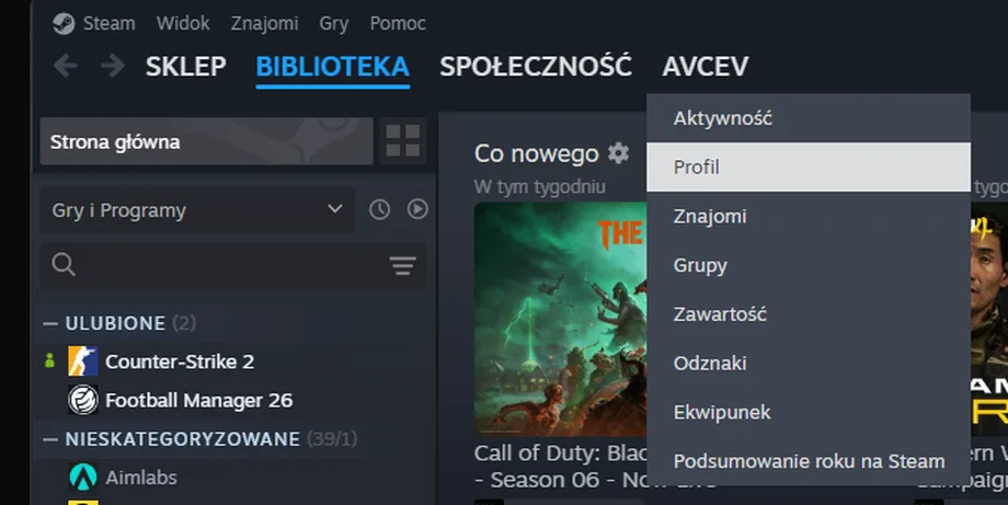 Steam: pod nickiem otwarte menu, podświetlone Profil