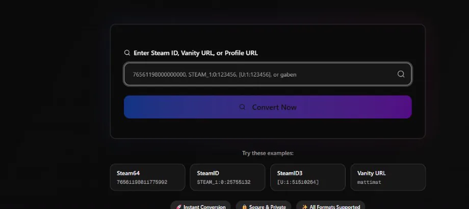 steamid64.net: wklejony adres profilu i przycisk Convert Now